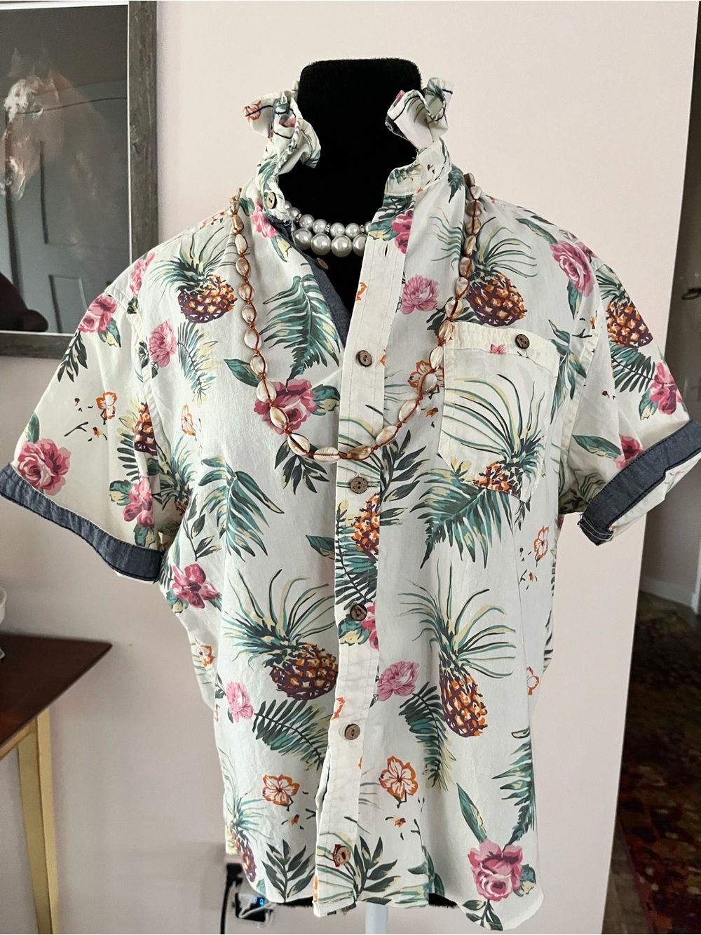 Upcycled Tropical Pineapple &Rose Print Short Sleeve Shirt -Ruffle Collar